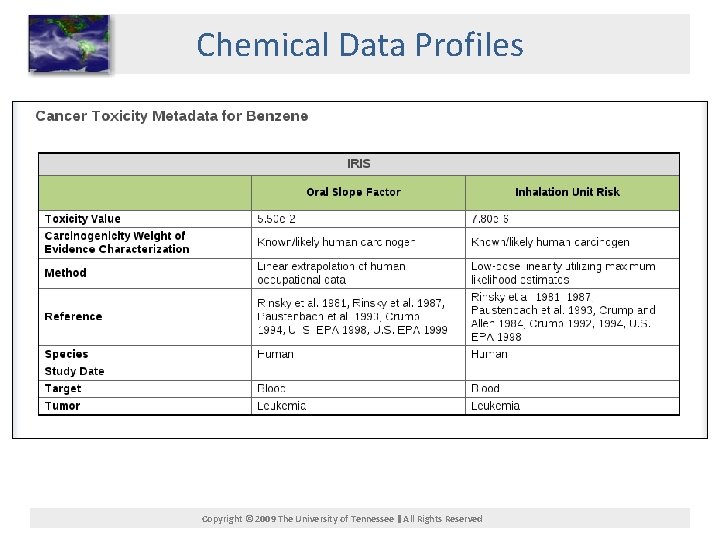 Chemical Data Profiles Copyright © 2009 The University of Tennessee All Rights Reserved 