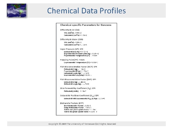 Chemical Data Profiles Copyright © 2009 The University of Tennessee All Rights Reserved 