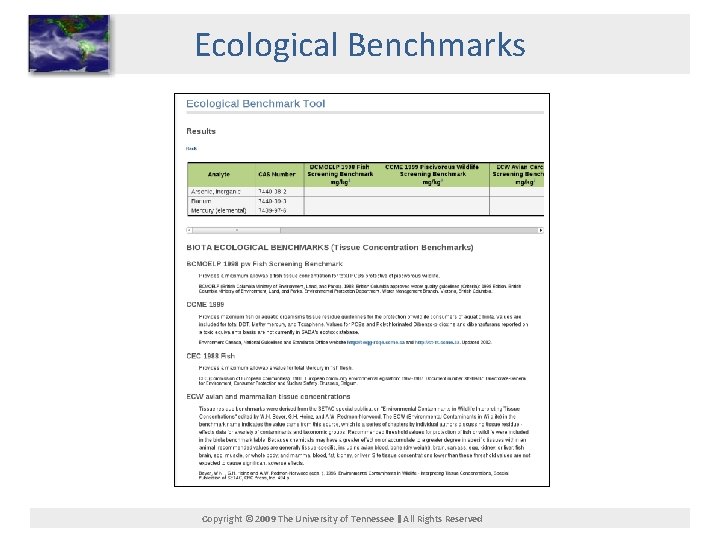 Ecological Benchmarks Copyright © 2009 The University of Tennessee All Rights Reserved 