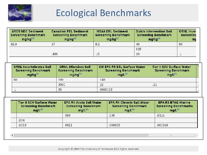 Ecological Benchmarks Copyright © 2009 The University of Tennessee All Rights Reserved 