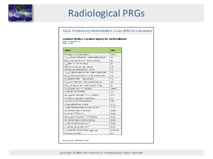 Radiological PRGs Copyright © 2009 The University of Tennessee All Rights Reserved 