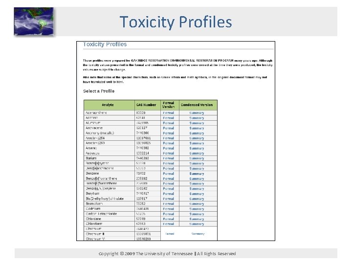 Toxicity Profiles Copyright © 2009 The University of Tennessee All Rights Reserved 