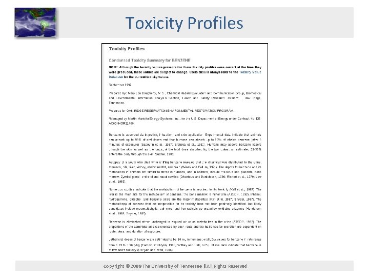 Toxicity Profiles Copyright © 2009 The University of Tennessee All Rights Reserved 