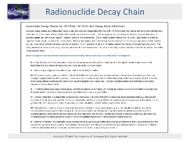 Radionuclide Decay Chain Copyright © 2009 The University of Tennessee All Rights Reserved 