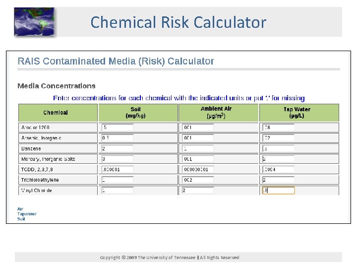 Chemical Risk Calculator Copyright © 2009 The University of Tennessee All Rights Reserved 