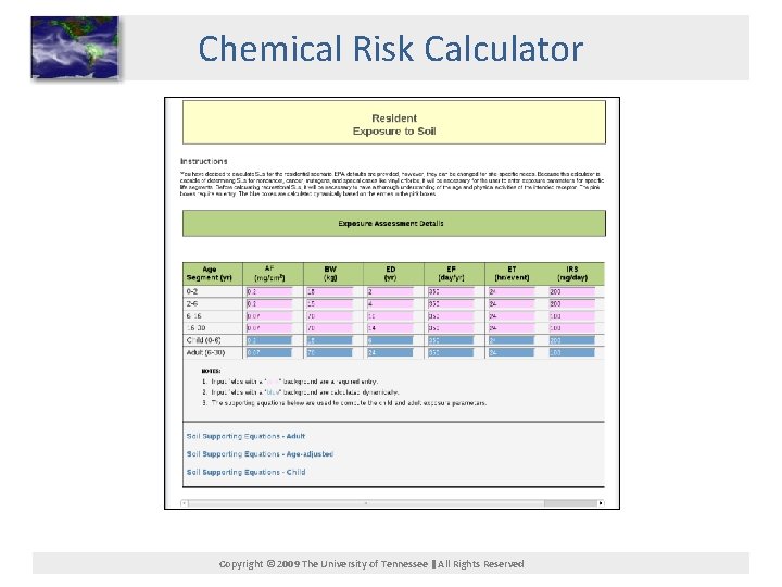 Chemical Risk Calculator Copyright © 2009 The University of Tennessee All Rights Reserved 