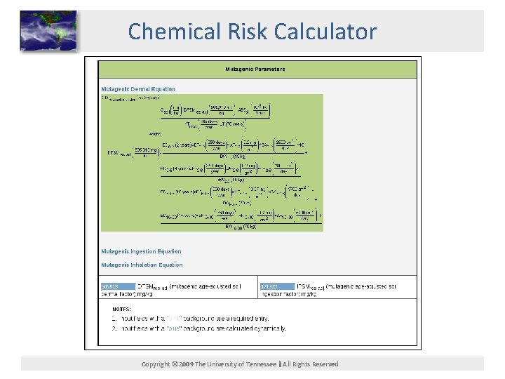 Chemical Risk Calculator Copyright © 2009 The University of Tennessee All Rights Reserved 
