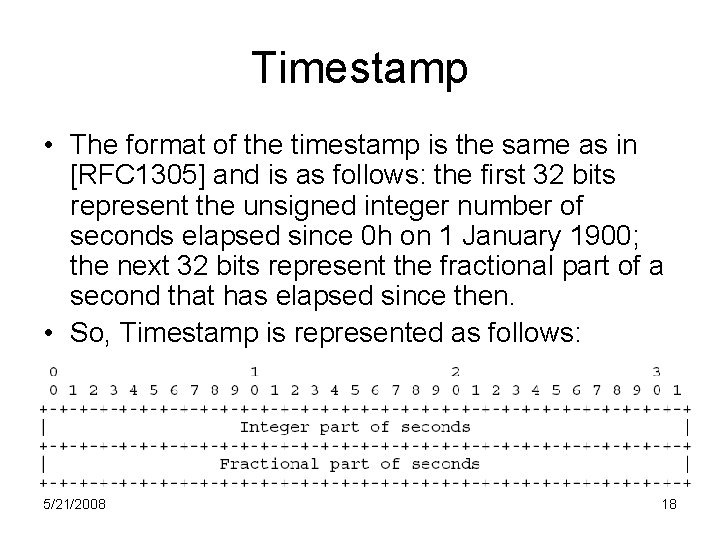 Timestamp • The format of the timestamp is the same as in [RFC 1305]