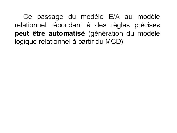 Ce passage du modèle E/A au modèle relationnel répondant à des règles précises peut