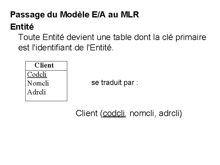 Passage du Modèle E/A au MLR Entité Toute Entité devient une table dont la