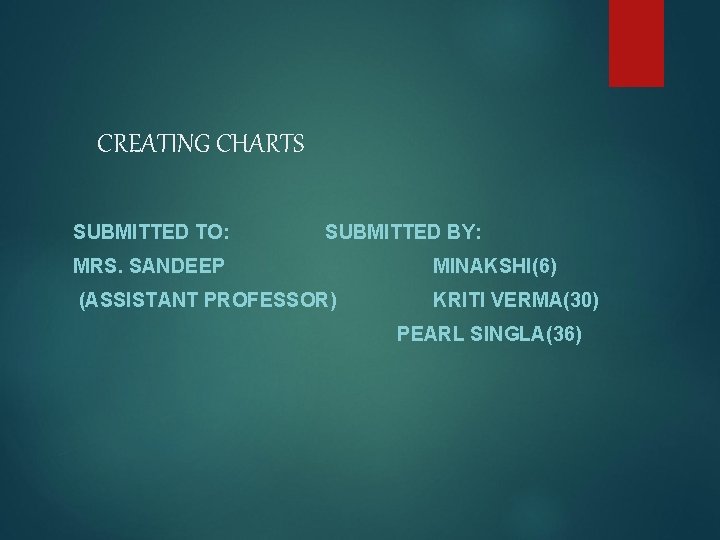 CREATING CHARTS SUBMITTED TO: SUBMITTED BY: MRS. SANDEEP MINAKSHI(6) (ASSISTANT PROFESSOR) KRITI VERMA(30) PEARL