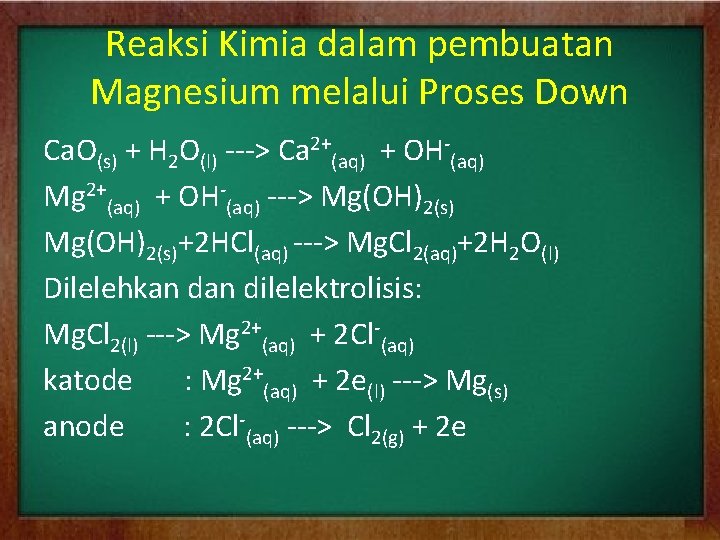 Reaksi Kimia dalam pembuatan Magnesium melalui Proses Down Ca. O(s) + H 2 O(l)