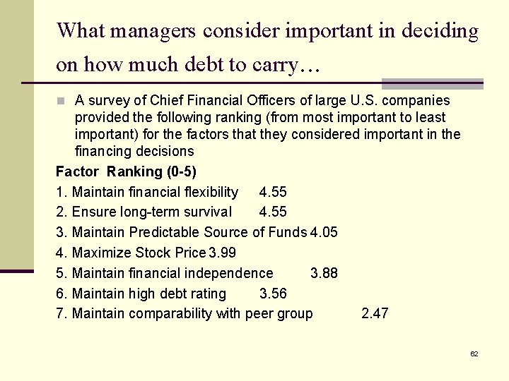 What managers consider important in deciding on how much debt to carry. . .