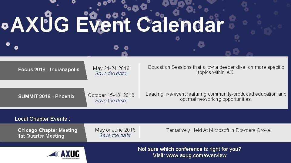 AXUG Event Calendar Focus 2018 - Indianapolis SUMMIT 2018 - Phoenix May 21 -24