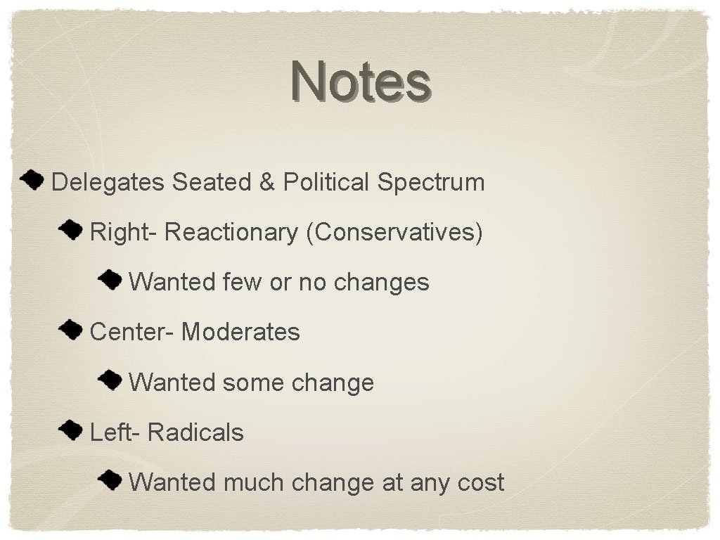 Notes Delegates Seated & Political Spectrum Right- Reactionary (Conservatives) Wanted few or no changes