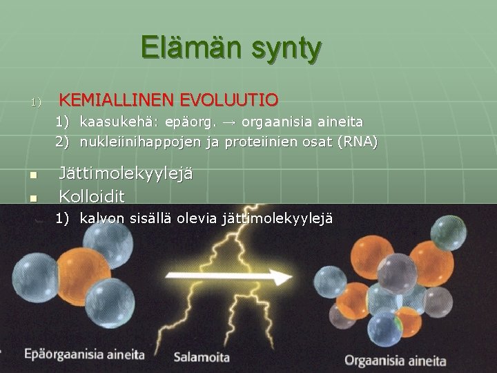 Elämän synty 1) KEMIALLINEN EVOLUUTIO 1) kaasukehä: epäorg. → orgaanisia aineita 2) nukleiinihappojen ja