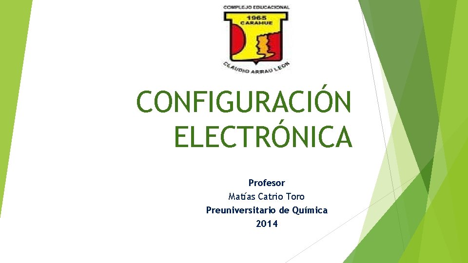 CONFIGURACIÓN ELECTRÓNICA Profesor Matías Catrio Toro Preuniversitario de Química 2014 