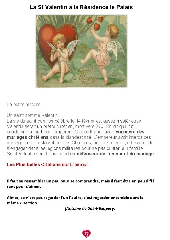 La St Valentin à la Résidence le Palais La petite histoire… Un saint nommé