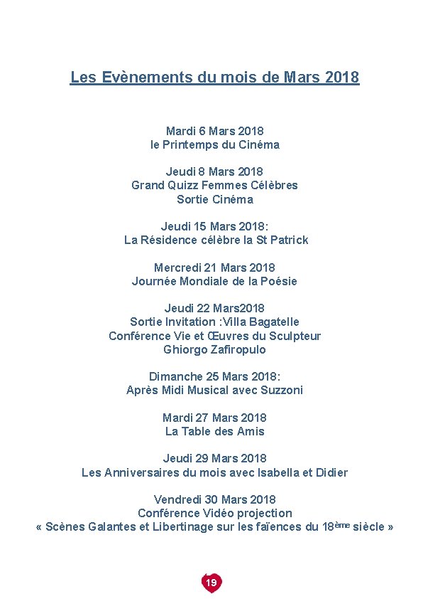 Les Evènements du mois de Mars 2018 Mardi 6 Mars 2018 le Printemps du