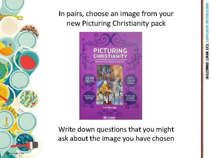 In pairs, choose an image from your new Picturing Christianity pack Write down questions