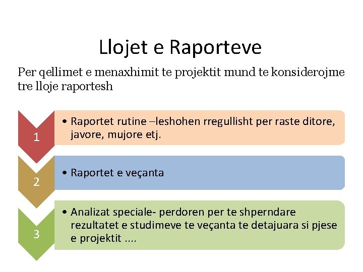 Llojet e Raporteve Per qellimet e menaxhimit te projektit mund te konsiderojme tre lloje Llojet e Raporteve Per qellimet e menaxhimit te projektit mund te konsiderojme tre lloje