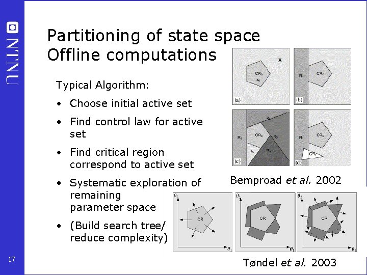 Partitioning of state space Offline computations Typical Algorithm: • Choose initial active set •