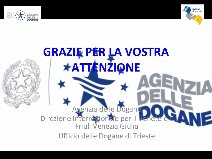 GRAZIE PER LA VOSTRA ATTENZIONE Agenzia delle Dogane Direzione Interregionale per il Veneto e