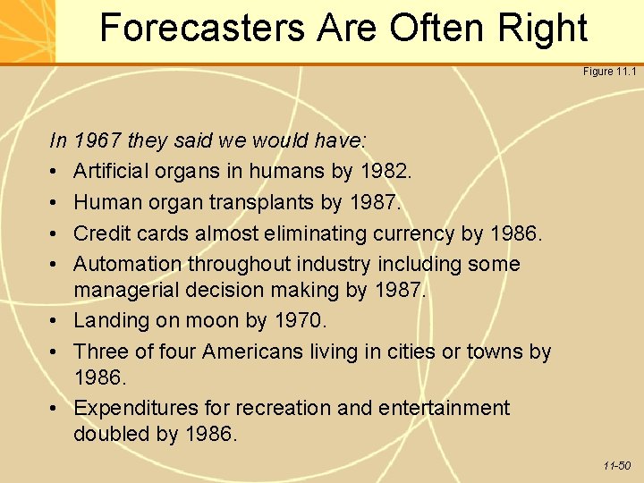 Forecasters Are Often Right Figure 11. 1 In 1967 they said we would have: