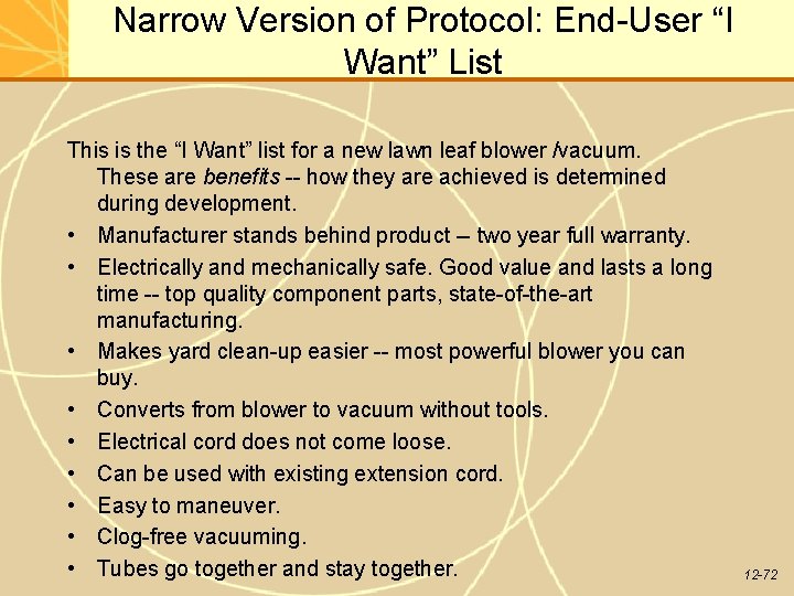 Narrow Version of Protocol: End-User “I Want” List This is the “I Want” list