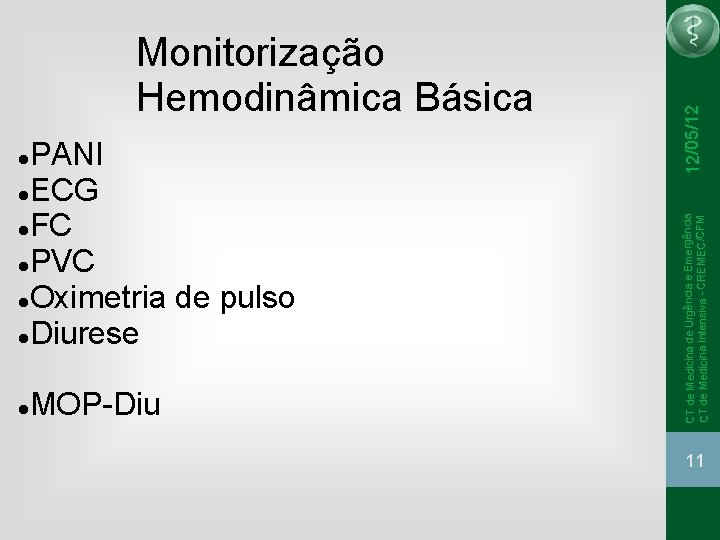  MOP-Diu 12/05/12 PANI ECG FC PVC Oximetria de pulso Diurese CT de Medicina