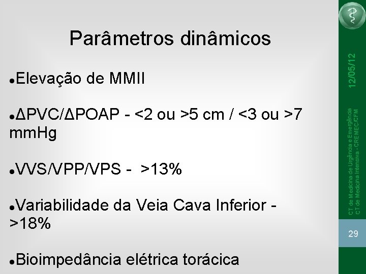 Elevação de MMII ΔPVC/ΔPOAP - <2 ou >5 cm / <3 ou >7 mm.