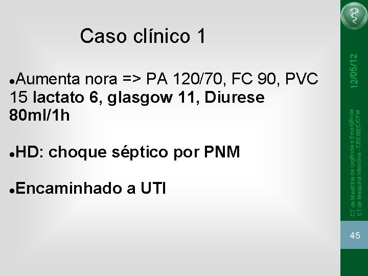 HD: choque séptico por PNM Encaminhado a UTI CT de Medicina de Urgência HD: choque séptico por PNM Encaminhado a UTI CT de Medicina de Urgência
