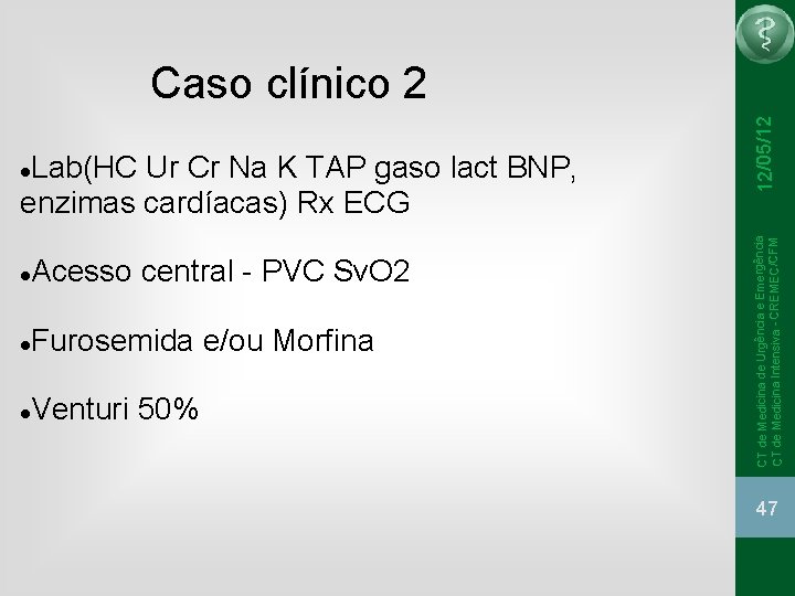 Acesso central - PVC Sv. O 2 Furosemida e/ou Morfina Venturi 50% CT de