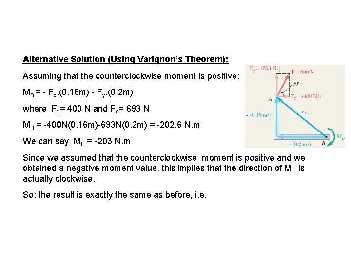 Alternative Solution (Using Varignon’s Theorem): Assuming that the counterclockwise moment is positive; MB =