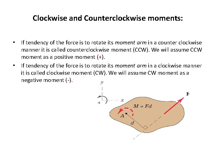 Clockwise and Counterclockwise moments: • If tendency of the force is to rotate its