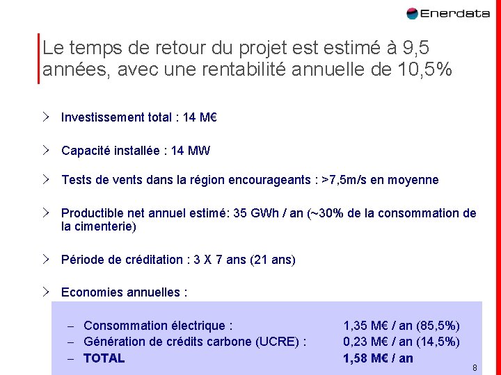 Le temps de retour du projet estimé à 9, 5 années, avec une rentabilité Le temps de retour du projet estimé à 9, 5 années, avec une rentabilité