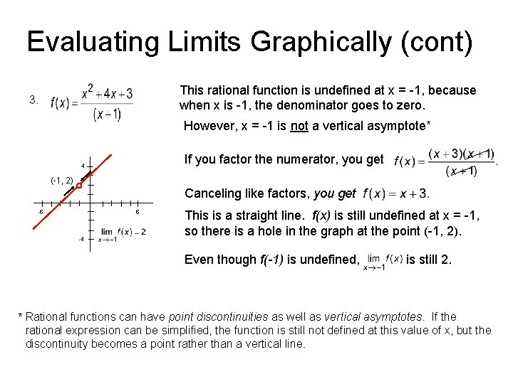 Evaluating Limits Graphically (cont) This rational function is undefined at x = -1, because