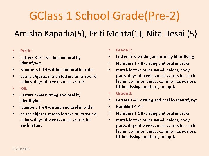 GClass 1 School Grade(Pre-2) Amisha Kapadia(5), Priti Mehta(1), Nita Desai (5) • • Pre