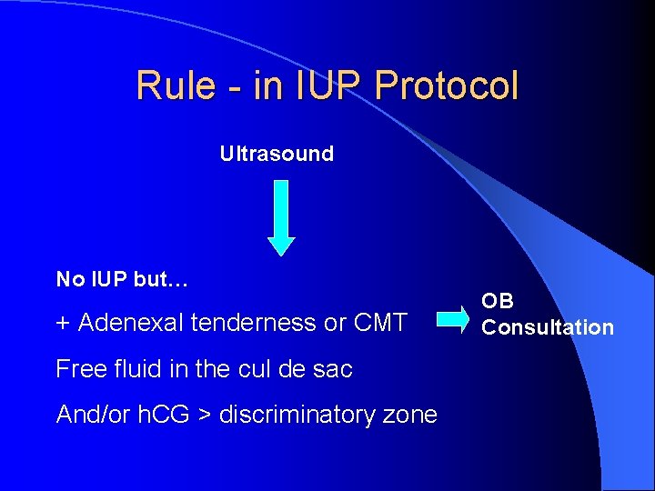 Rule - in IUP Protocol Ultrasound No IUP but… + Adenexal tenderness or CMT