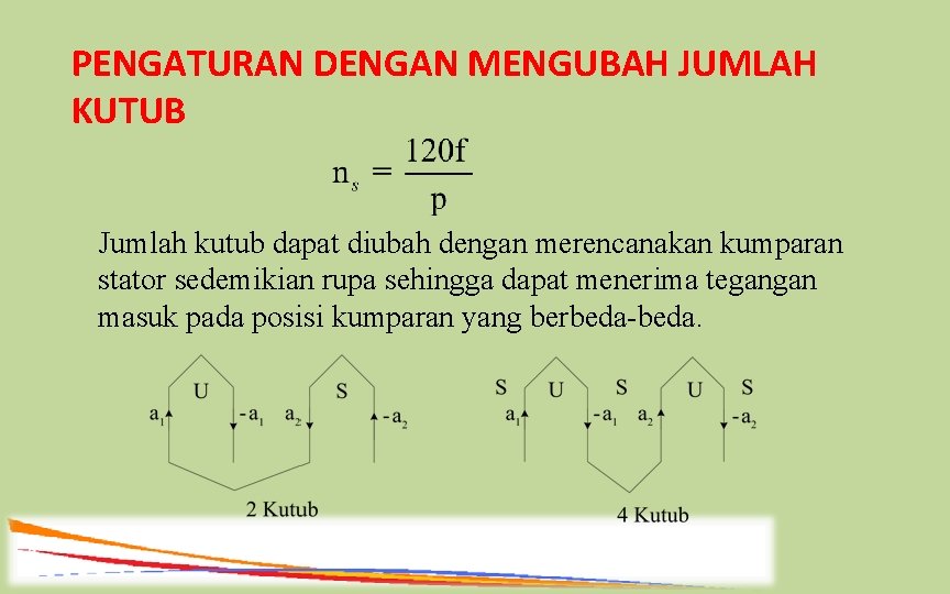 PENGATURAN DENGAN MENGUBAH JUMLAH KUTUB Jumlah kutub dapat diubah dengan merencanakan kumparan stator sedemikian