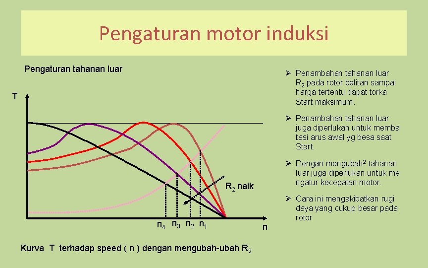 Pengaturan motor induksi Pengaturan tahanan luar Ø Penambahan tahanan luar R 2 pada rotor