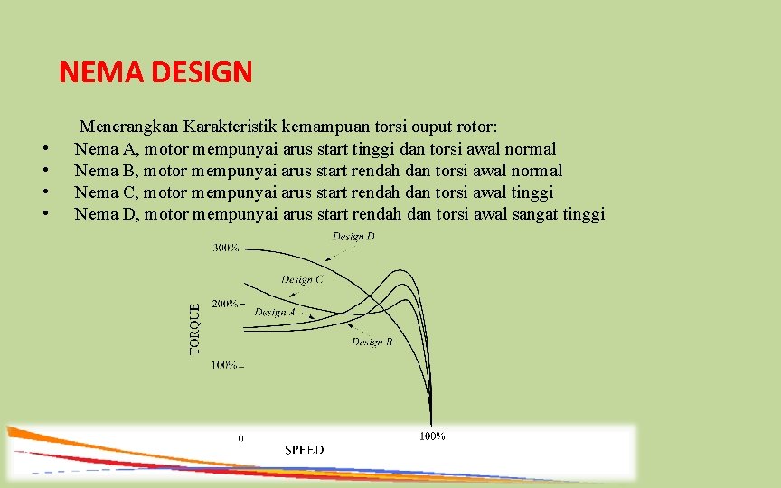 NEMA DESIGN • • Menerangkan Karakteristik kemampuan torsi ouput rotor: Nema A, motor mempunyai