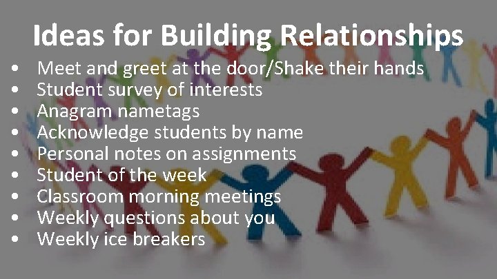  • • • Ideas for Building Relationships Meet and greet at the door/Shake