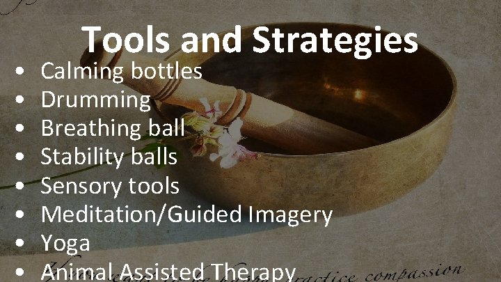  • • Tools and Strategies Calming bottles Drumming Breathing ball Stability balls Sensory