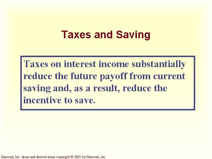 Taxes and Saving Taxes on interest income substantially reduce the future payoff from current