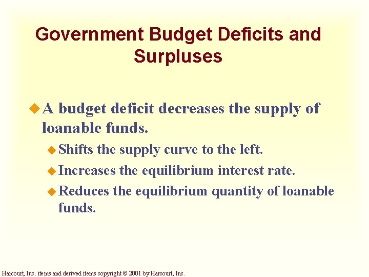 Government Budget Deficits and Surpluses u. A budget deficit decreases the supply of loanable