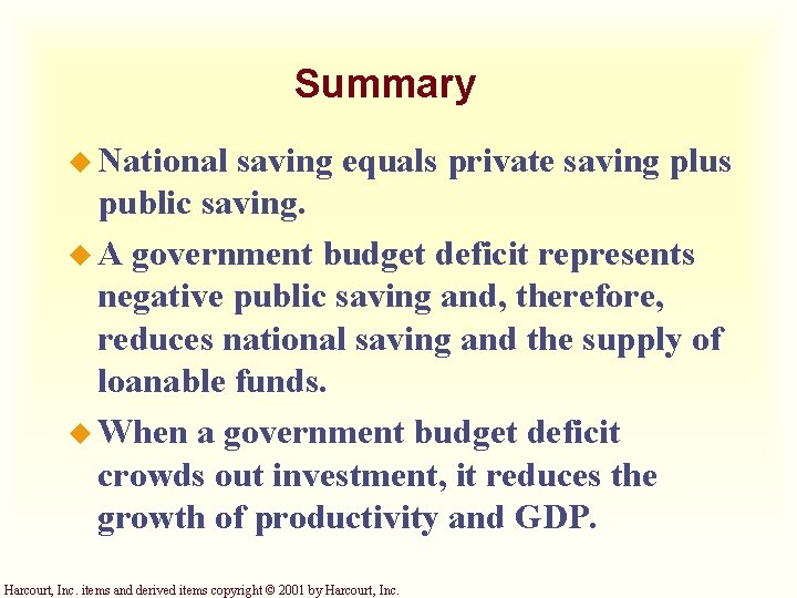 Summary u National saving equals private saving plus public saving. u A government budget Summary u National saving equals private saving plus public saving. u A government budget