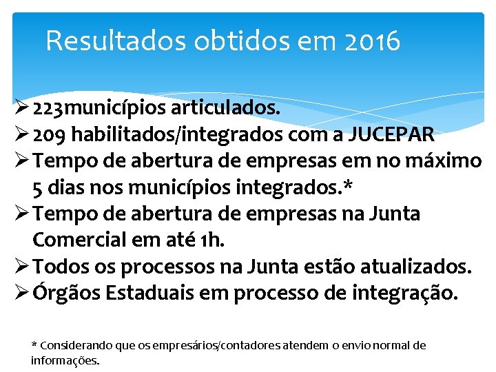 Resultados obtidos em 2016 Ø 223 municípios articulados. Ø 209 habilitados/integrados com a JUCEPAR