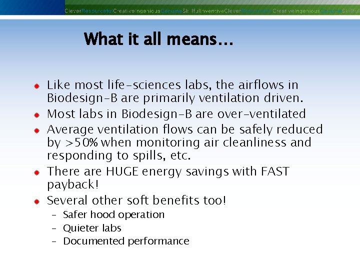 What it all means… ® ® ® Like most life-sciences labs, the airflows in