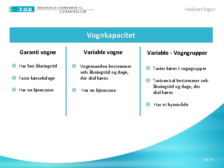 <indsæt logo> Vognkapacitet Variable vogne Variable - Vogngrupper Taxier kører i vogngrupper Faste kørselsdage